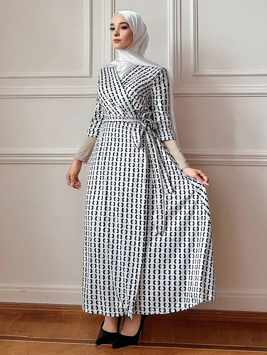 DAZY Women Casual Commuting All-Over Print Long Dress Modest Fashion - Beige - View 1