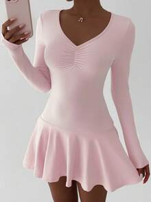 FavEase Tight Ruched Long Sleeve Bodycon Dress, Suitable For Spring, Autumn And Winter - Pink - View 8
