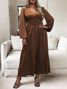 Vionelle 大码女式春夏纯色 V 领褶饰腰灯笼袖侧开衩下摆优雅连衣裙长款女装 - 巧克力棕 - 查看 3