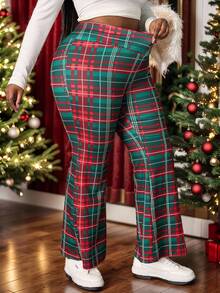 SHEIN PETITE CURVE Leggings acampanados de talle alto con diseño cruzado a cuadros rojos y verdes para mujer de talla grande