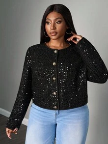 SHEIN PETITE CURVE 大码亮片大衣，秋季通勤时尚单品 - 黑色 - 查看 5