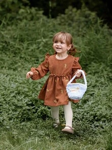 SHEIN Vintaside Kids Baby Girls' Corduroy Dress, Embroidered Floral Pattern, Elegant Countryside Style, Suitable For Spring, Autumn And Winter Transition Seasons Fall