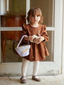 SHEIN Vintaside Kids Baby Girls' Corduroy Dress, Embroidered Floral Pattern, Elegant Countryside Style, Suitable For Spring, Autumn And Winter Transition Seasons Fall