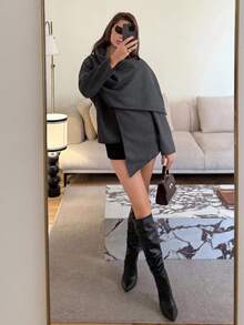 Aloruh Women's Fashionable Asymmetric Overcoat, Autumn/Winter Fall Spring,Graduation,Back To School - Dark Grey - View 3