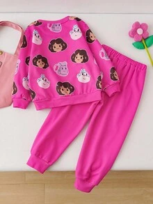 DORA | SHEIN 2 pièces/Set Sweat-shirt à col ras-du-cou à manches longues avec imprimé Dora la Exploratrice pour jeune fille et pantalon de survêtement long avec graphique lettrage, tenue décontractée rose pour les sports de plein air