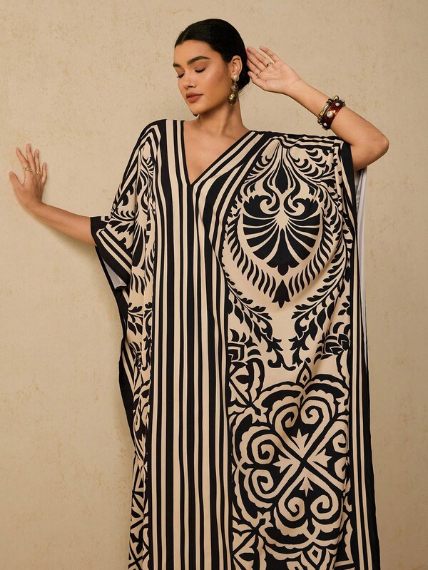 Travachic Vestido de talla grande con cuello en V, suelto, de moda y versátil con bloques de color