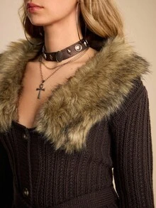 ROMWE EDITION Women's Autumn/Winter Fur Collar Long Sleeve Single-Breasted Fitted Fashionable Knitted Cardigan - Brown - View 7