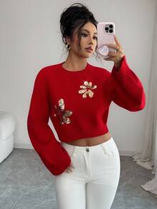 Selianne Women's Fashionable Casual Round Neck Gold Sequin Floral Short Pullover Shiny Sweater, Suitable For Christmas And New Year - Red - View 1