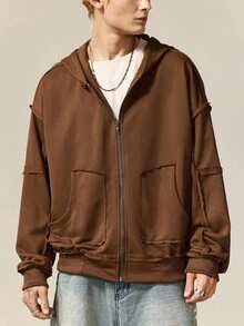 ROMWE MEN Men's Casual Solid Color Hoodie, Fall - Brown - View 5