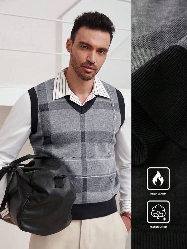 Manfinity CityGents Chaleco de suéter sin mangas con forro polar grueso y a cuadros para hombres, suéter de pico en V con diseño de dinero antiguo, para otoño e invierno