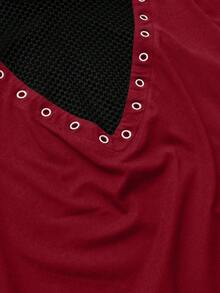 Whyspr 全新性感镂空面料拼布设计圆领长袖 T 恤，修身显瘦，适合女士 - 酒紅色 - 查看 5