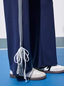 CourtClass Women's Drawstring Waist Side Stripe Pocket Loose Fit Sports Pants - Navy Blue - View 6