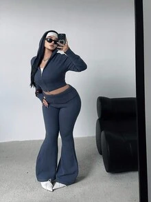 POPSWAY Plus Size Women Fitted Hooded Zip-Up Cardigan And Flared Pants Knit Suit, Versatile For Autumn/Winter - Dark Grey - View 1