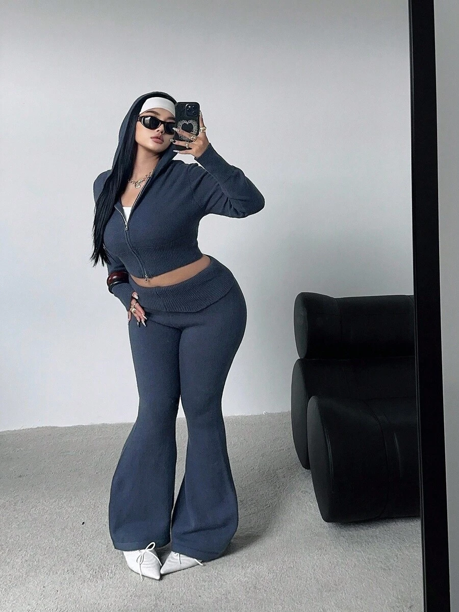 POPSWAY Plus Size Women Fitted Hooded Zip-Up Cardigan And Flared Pants Knit Suit, Versatile For Autumn/Winter - Dark Grey - View 1