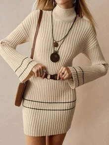 Florisole Bohemian Line Casual Minimalist Sweater Dress - Apricot - View 1