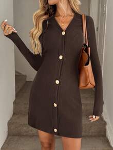 Easowa Casual Fuzzy Ribbed Bodycon A-Line Long Sleeve Black Mini Dress For Women, Autumn/Winter - Coffee - View 3