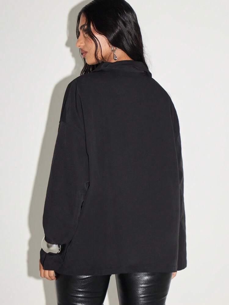 KIZN High Neck Quarter Zip Collared Blouse With Long Sleeves