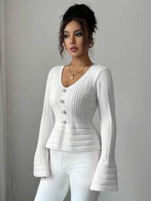 Selianne Suéter de mujer con cuello en V y mangas acampanadas de manga larga