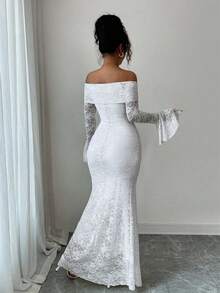 Rafferiza 优雅时尚年轻简约百搭修身露肩喇叭袖美人鱼中长连衣裙，适合秋季女士 - 白色 - 查看 2