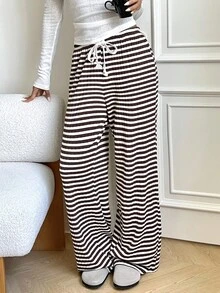 Aloruh Casual Minimalist Knitted Striped Straight-Leg Pants For Women, Suitable For Home, Daily Outings, Autumn/Winter