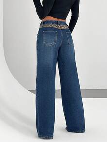 EURMUSE STYLISH Jean Leopard Detailed Mid Rise Loose Denim Jean - Dark Wash - View 3