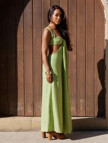 Yess Loren 波西米亚风褶饰胸围超宽腿连体裤夏季度假波西米亚风春季夏季度假沙滩装优雅伊比沙岛假日婚礼宾客约会夜秋季 - 軍綠色 - 查看 6