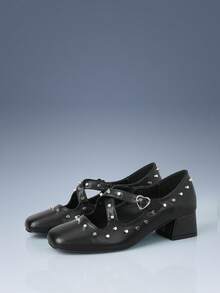 CUCCOO GRLICON 女式铆钉玛丽珍平底鞋，复古交叉带芭蕾舞鞋 - 黑色 - 查看 1