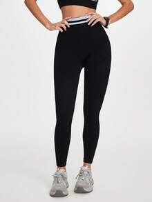 SHEIN Sports 女式无缝撞色腰带运动紧身裤 - 黑色 - 查看 1