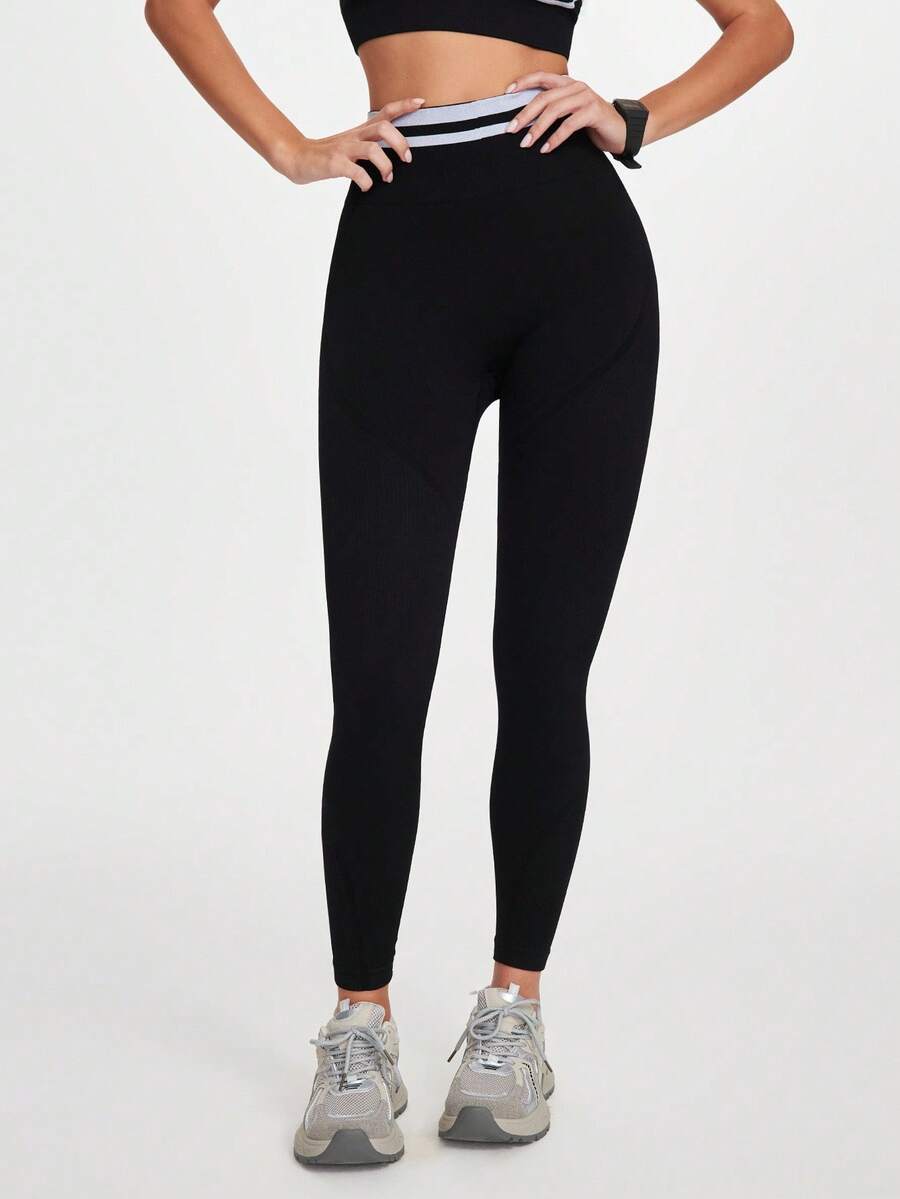 SHEIN Sports 女式无缝撞色腰带运动紧身裤 - 黑色 - 查看 1