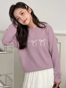 DAZY 女童圆领蝴蝶结刺绣套头衫，秋季