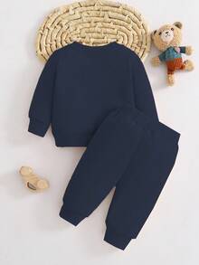 SHEIN Korean Style Newborn Baby Cartoon Bear Embroidered Sweatshirt, Cute & Comfortable Fitted Long Sleeve Sweatshirt And Pants 2 Pieces Outfit Set