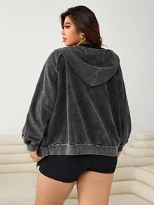 SHEIN EZwear 2025新款加大码卫衣，黑色斑点，宽松版型，带口袋，适合派对、约会、休闲、户外、居家等多种场合穿着，秋冬季拉链卫衣女休闲外套 - 黑色 - 查看 7