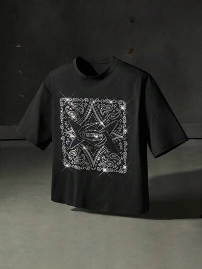 NEON BLANC Herr-T-shirt med kort ärm och strassmönster och pentagrammönster med rund halsringning