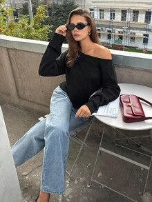 SHEIN Tall Damen Einfarbiger Asymmetrischer Ausschnitt Lässiger Langarm Roter Pullover Für Lässig Party Elegant Zuhause Sexy Herbst Winter Lässig Weihnachten Halloween Neujahr Asymmetrisches Oberteil - Schwarz - Übersicht 6