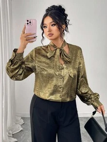 SHEIN Elenzya 大码女式梭织常规秋冬优雅金箔灯笼袖V领系带衬衫 - 金色 - 查看 1