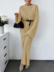 SHEIN Bộ áo len và chân váy len dáng rộng màu trơn dành cho nữ - Màu be - Xem 7