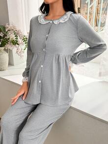 Moonlight&Mama Conjunto de pijama de maternidad con top de cuello Peter Pan de encaje y parches y pantalones acampanados, ropa de otoño e invierno - Gris Claro - Ver 5