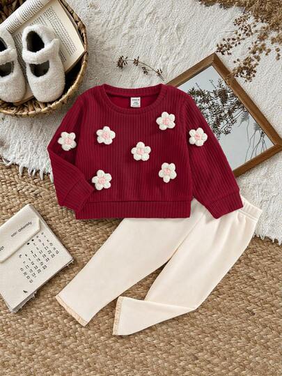 SHEIN 女婴宽松休闲可爱 3D 花朵提花圆领长袖上衣和松紧腰修身打底裤套装，秋冬
