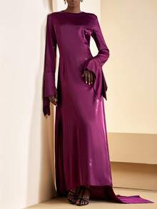 Zivah 2025 秋季新款音乐节、复活节、圣帕特里克节、西部风、游牧风、生日派对、毕业典礼、学院风、学生装、日常休闲、百搭百搭、休闲、度假、邮轮旅行、海滩、日光浴、网络热播、街头服饰、婚礼宾客波西米亚风、通勤、早午餐、机场、派对、节日郊游、优雅盛典长袖喇叭袖开衩超长连衣裙、缎面闪亮面料、紫色连衣裙 - 紫色 - 查看 6