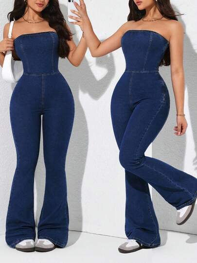 Jeanoix Plus Size Women's Fashionable Strapless Flared Denim Jumpsuit