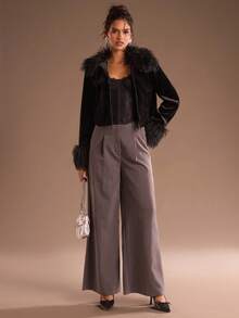 Glamine 女式性感优雅绒面流苏边无领长袖短款夹克 - 黑色 - 查看 5