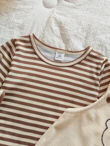 Vintaside Kids 2pcs/Set Casual Comfortable Striped Long Sleeve Top And Bib Overall With Bear Embroidery Jumpsuit For Toddler Boys Fall Winter