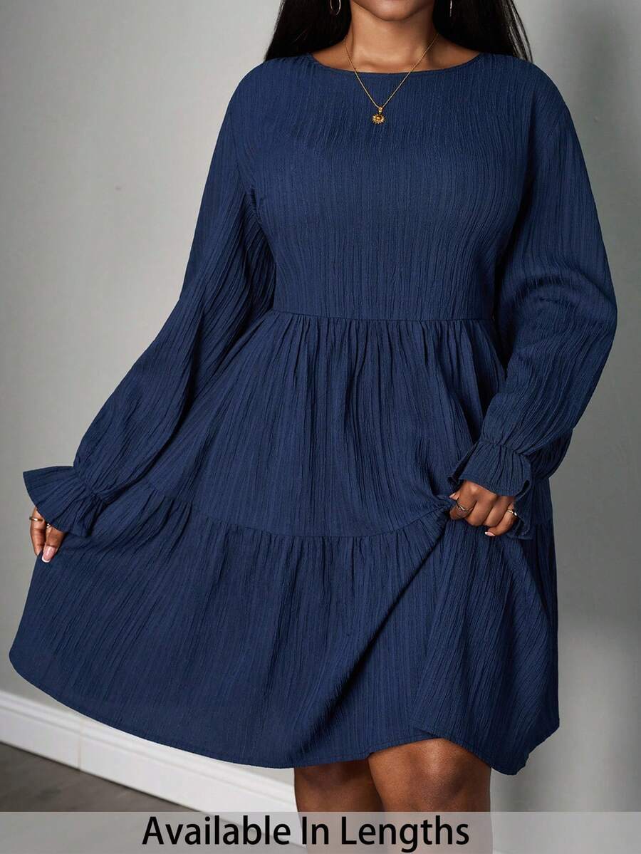 SHEIN PETITE CURVE Plus Size Women's Solid Color Crew Neck Long Sleeve Pleated Mini Casual Dress,Elegant Navy Blue Autumn Tea Party Style Plus Size Dress - Navy Blue - View 1