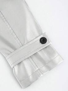 Sweetra Long PU Leather Double-Breasted Belted Long Sleeve Trench Coat - Silver - View 3