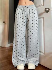 SHEIN Teen Girls' Bow Elastic Waist Loose Casual Sweatpants,Warm Pants/ For Autumn/Winter/Christmas,Holiday/Famliy Day/Happy New Year - Grey - View 3