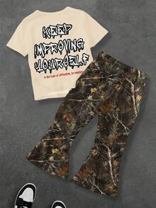 SHEIN Bolty 2pcs Kids Camo Outfit, Boys Camo Clothes, Camo 2 Pieces Set, Letter Graphic Tee And Regular Fit Cargo Pants, Casual Summer Set - Multicolor - View 2