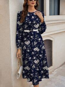 SHEIN Clasi Navy Countryside Print Round Neck Long Sleeve Dress, Suitable For Autumn/Winter, Christmas - Navy Blue - View 6