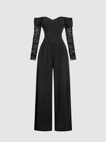 SHEIN MOD Women's Black Off Shoulder Mesh Bustier Jumpsuit,Fall/Winter,Thanksgiving ,Women's Halloween Costume,Vintage,Elegant, Luxury ,Wedding,Luxury Evening Jumpsuit For Weddings,Party,New Year,Black Jumpsuit - Black - View 5