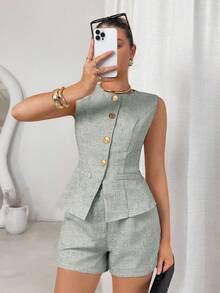 Lavishia 2pcs Women Solid Color Front Button Sleeveless Top And Shorts Set Green - Mint Green - View 3