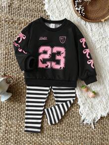 SHEIN Bộ đồ mặc nhà thường ngày mùa xuân/hè dễ thương cho bé gái từ 0-3 tuổi và bộ đồ mặc nhà dài tay cổ tròn in số + quần legging bó có gân - màu đen - Xem 1